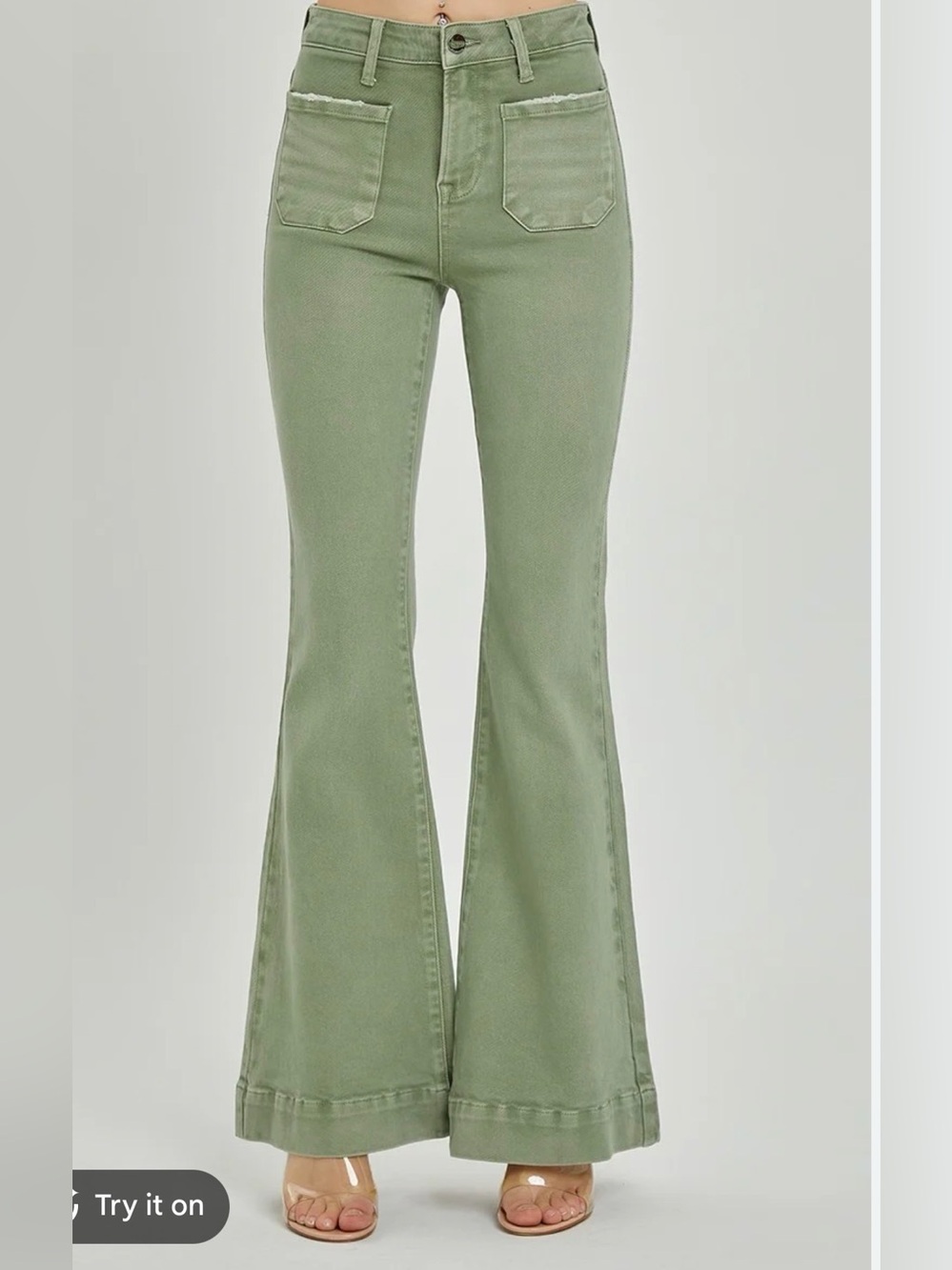 Risen Jeans High Rise Sage Green Patch Pocket Bell Bottom